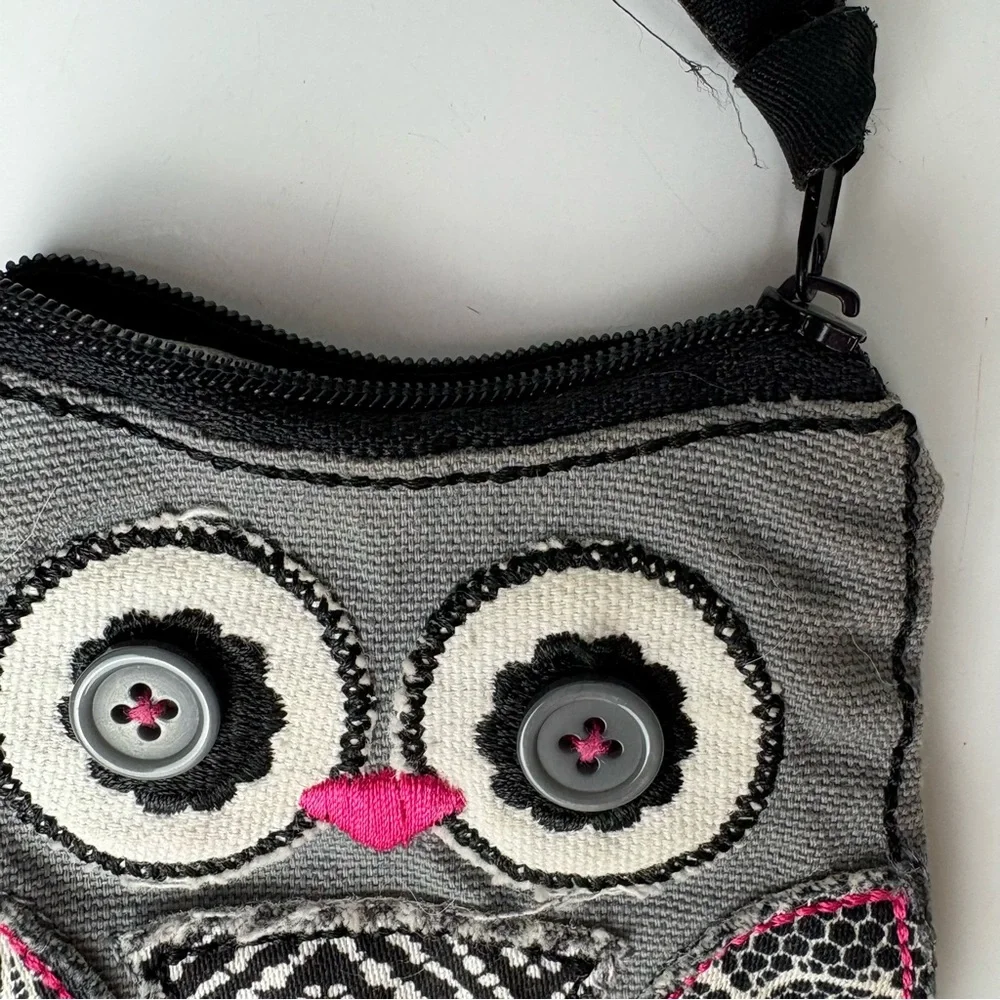 Thirty One Gifts gray, black, white and pink patchwork owl coin purse
